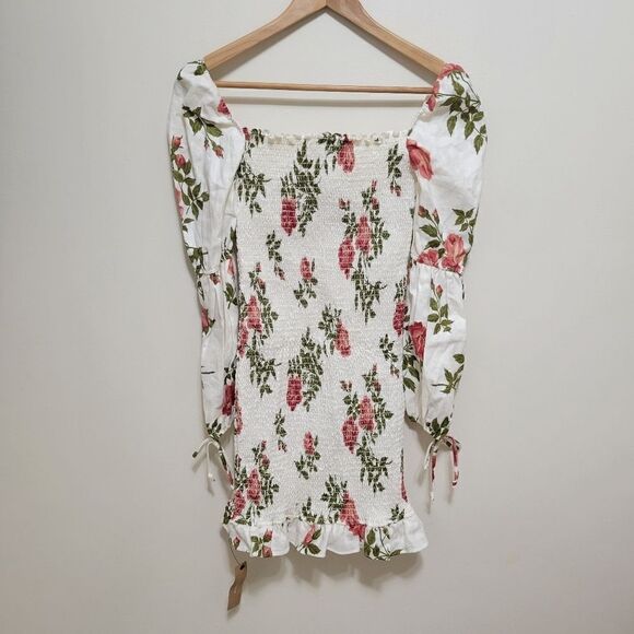 Reformation Linen Dress Hilary Floral Smocked Puff Sleeve Large - Picture 7 of 13